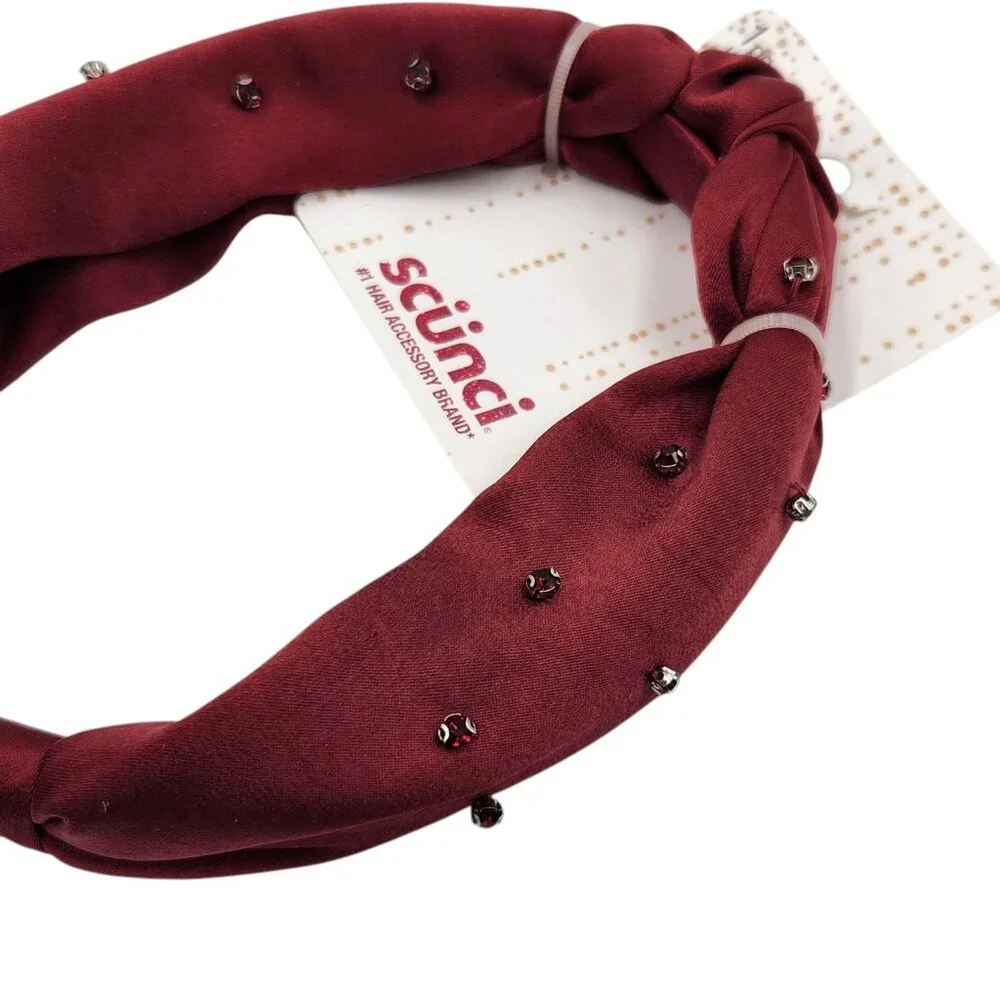 Scunci Hair Headband‎ Womens 1 Pc Red Deep Rose Color Jewels Satin Fabric